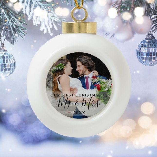 First Christmas As Mr & Mrs Photo Ceramic Ball Christmas Ornament (Creator Uploaded)
