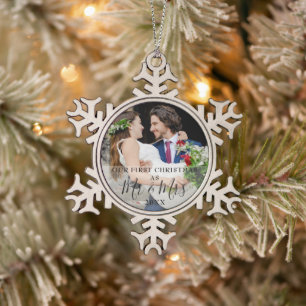 First Christmas As Mr & Mrs Photo Snowflake Pewter Christmas Ornament