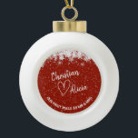First Christmas as Mr & Mrs Red Ceramic Ornament<br><div class="desc">Personalised Christmas ornament with "Our first xmas as Mr and Mrs" lettering on the front. Dark red background looks very festive with white snowflakes frame! All text is editable. If you need to make futher changes to the design,  click on "Customise futher"</div>