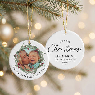First Christmas as Mum Baby Photo Christmas Wreath Ceramic Tree Decoration