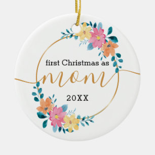 First Christmas as Mum Floral and Gold Wreath Ceramic Tree Decoration