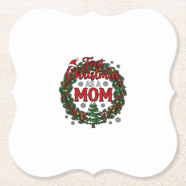 First Christmas As Mum Pine Wreath Tree Paper Coaster (Front)