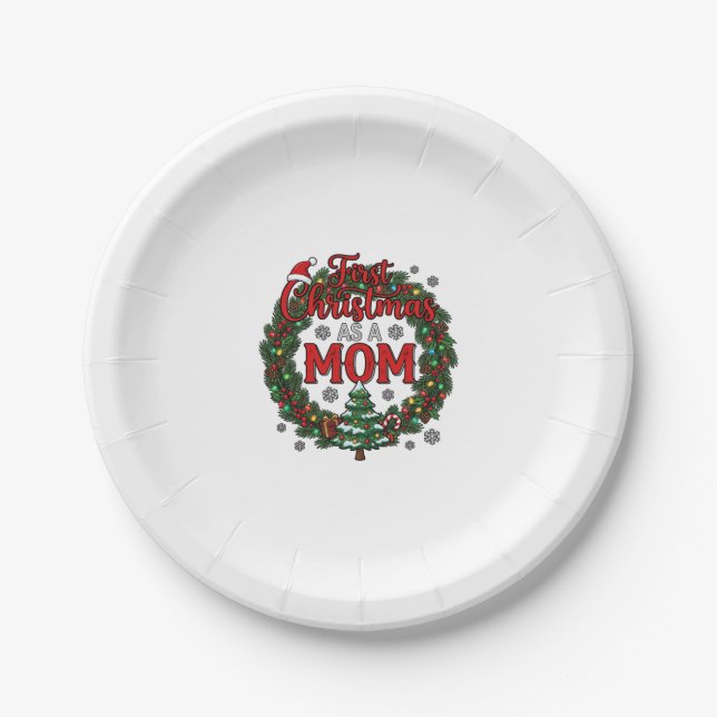 First Christmas As Mum Pine Wreath Tree Paper Plate (Front)