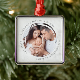 First Christmas as Mummy and Daddy Marble Photo Metal Tree Decoration