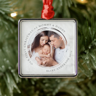 First Christmas as Mummy and Daddy Marble Photo  Metal Tree Decoration