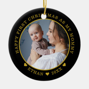 First Christmas as Mummy Baby Photo Black And Gold Ceramic Tree Decoration
