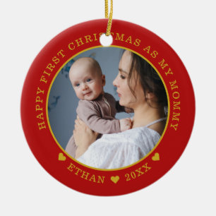 First Christmas as Mummy Baby Photo Red And Gold Ceramic Tree Decoration