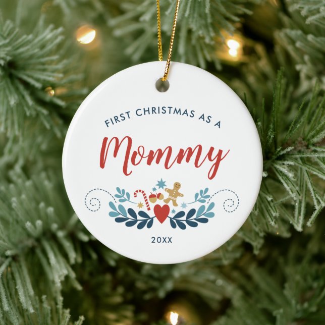 First Christmas As Mummy Personalised Scandi Folk Ceramic Tree Decoration (Tree)