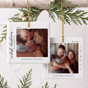 First Christmas as Parents Baby Photo Birth Stats Ceramic Ornament