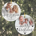 First Christmas As Parents Baby Photo Ceramic Tree Decoration<br><div class="desc">First Christmas As Parents New Baby 2 Photo Ornament. Mark the excitement of your first holiday season as parents with this personalised keepsake ornament. The front highlights a special photo of your baby, or a tender moment with your little one, paired with the phrase "First Christmas As Parents" in a...</div>
