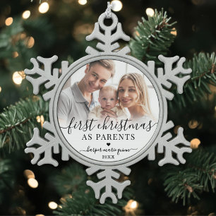 First Christmas As Parents Baby Photo Snowflake Pewter Christmas Ornament