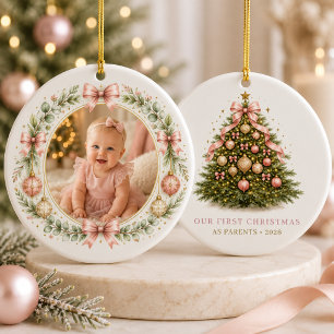 First Christmas as Parents Girl Bow Photo Ceramic Tree Decoration