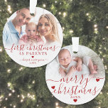 First Christmas As Parents New Baby 2 Photo Ornament<br><div class="desc">First Christmas As Parents New Baby 2 Photo Ornament. Celebrate the joy of your first holiday season as new parents with this elegant, custom ornament. The front features a cherished photo of your baby or a sweet moment of the parents with their newborn, beautifully adorned with the phrase "First Christmas...</div>