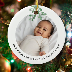 First Christmas As Parents Photo Mistletoe  Ceramic Tree Decoration