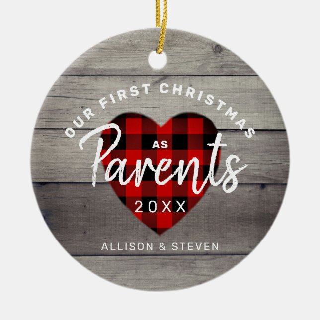 First Christmas As Parents Rustic Personalised Ceramic Tree Decoration (Front)