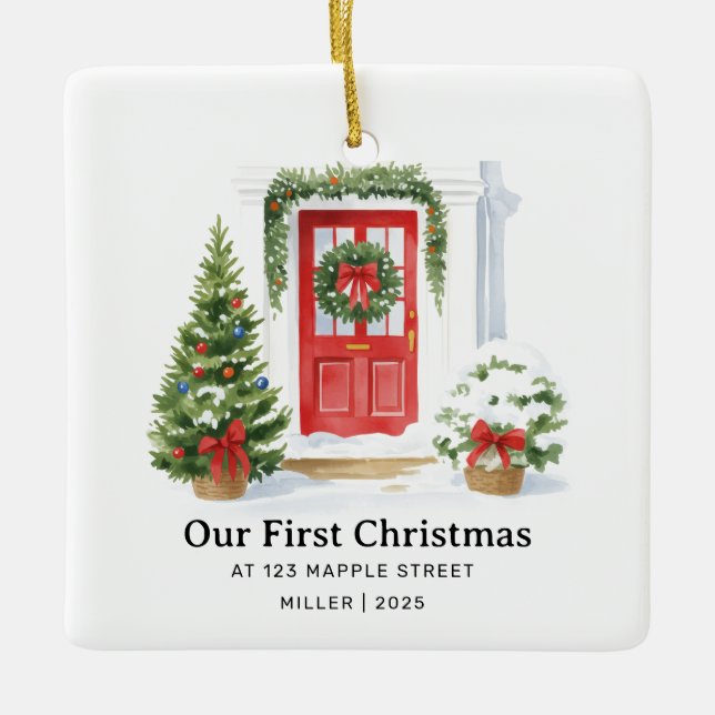 First Christmas at New Address – Red Door Ceramic Ornament (Front)