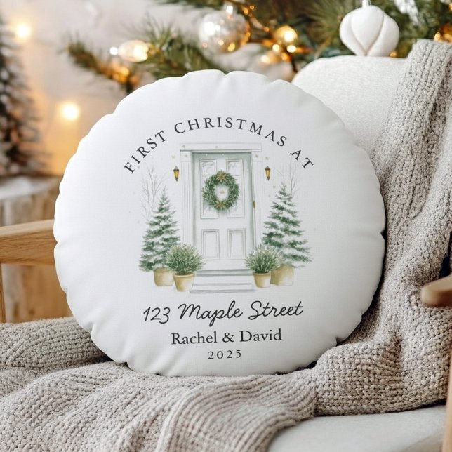 First Christmas at New Address – Red Door  Round Cushion (Creator Uploaded)
