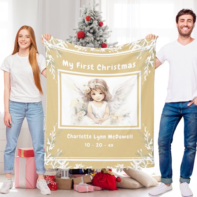 First Christmas Baby Angel Gold & White Christmas  Fleece Blanket (First Christmas Baby Angel Gold & White Christmas Fleece Blanket)
