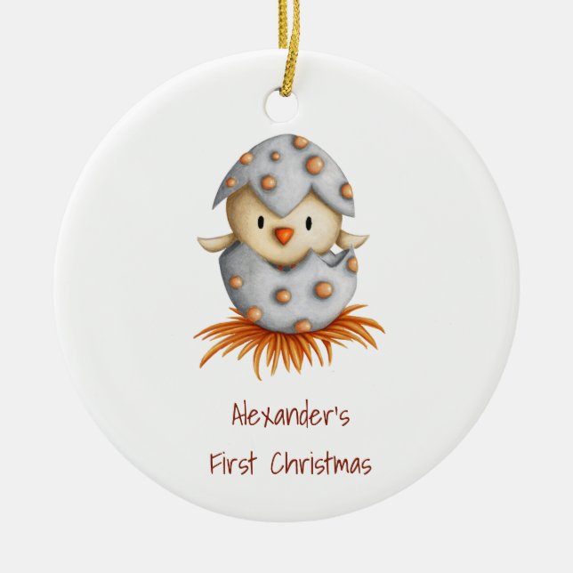 First Christmas Baby Bird Personalised Ceramic Tree Decoration (Front)