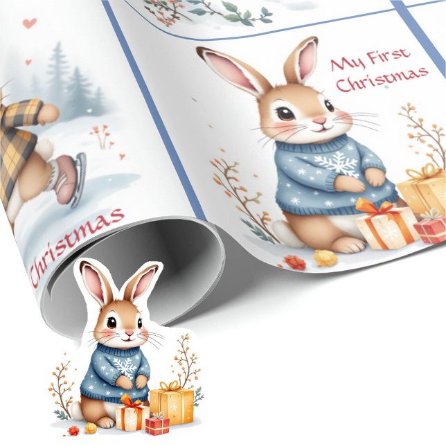 First Christmas Baby Boy's Name Winter Bunnies Wrapping Paper (Creator Uploaded)