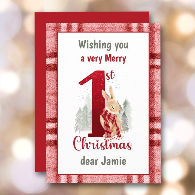 First Christmas Baby Cute Bunny Plaid Holiday Card (First Christmas Baby Cute Bunny Plaid Holiday Card)