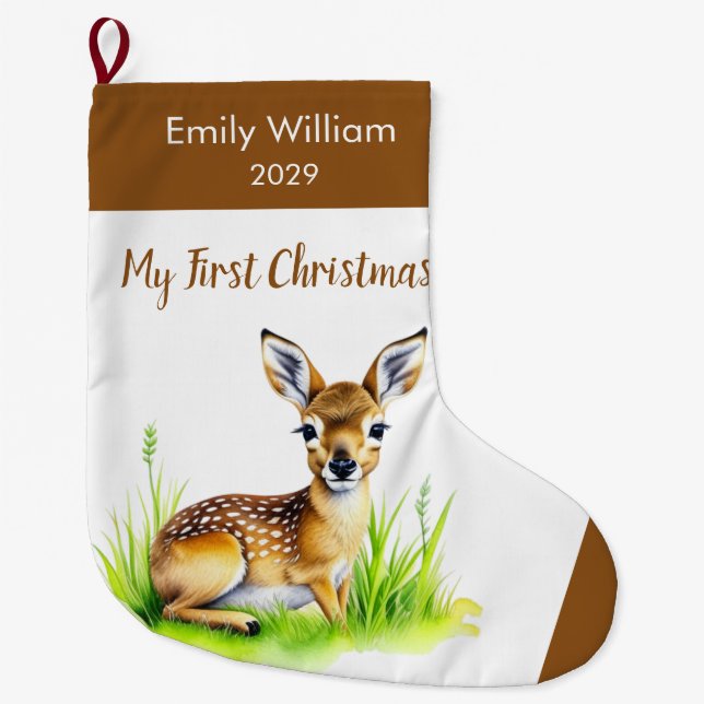 First Christmas baby deer Large Christmas Stocking (Front)