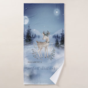 First Christmas,Baby Deer,Winter Landscape Bath Towel Set