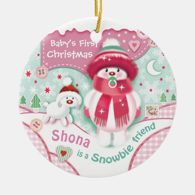 First Christmas, Baby Girl, Cute Snowbie Ceramic Tree Decoration (Front)