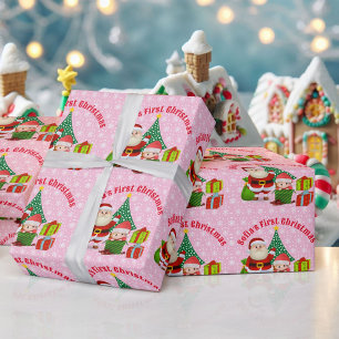First Christmas Baby Girl Personalise Name Pink Wrapping Paper