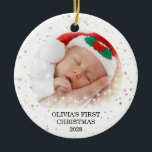 First Christmas Baby Girl Photo Ceramic Ornament<br><div class="desc">This cute Christmas Ornament is decorated with gold stars on a white background.
Easily customisable with baby's name,  year and photo.
Please note that the white stars will not show in your photo.</div>
