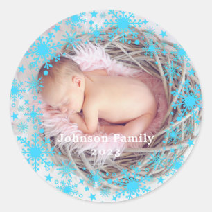First Christmas Baby Girl Snowflake Frame Photo  Classic Round Sticker