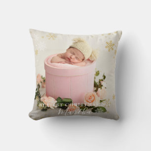 First Christmas Baby Girl Snowflake Frame Photo  Cushion