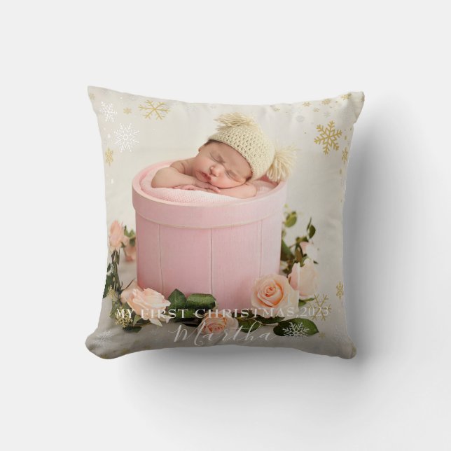 First Christmas Baby Girl Snowflake Frame Photo  Cushion (Front)
