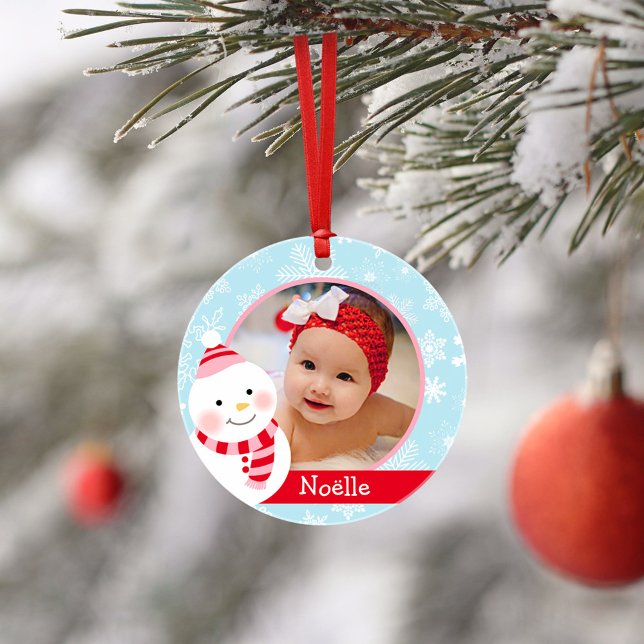 First Christmas Baby Girl Snowman Custom Photo Ornament (Creator Uploaded)
