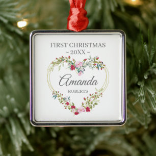 First Christmas Baby Girl with Pink & Red Flowers Metal Tree Decoration