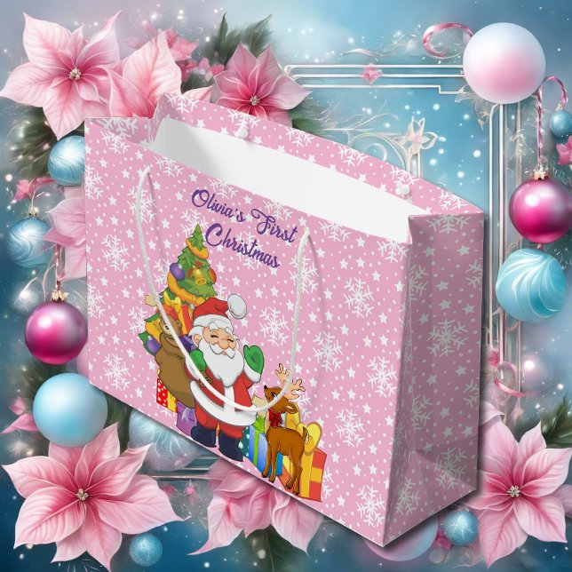 First Christmas Baby Girl's Personalise Name Santa Large Gift Bag (Creator Uploaded)