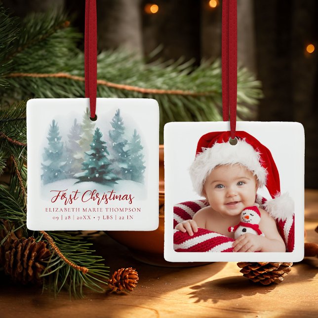 First Christmas Baby Name Snowy Woodland Photo  Ceramic Ornament (baby first christmas ornament enchanted forest winter wonderland photo template red calligraphy)