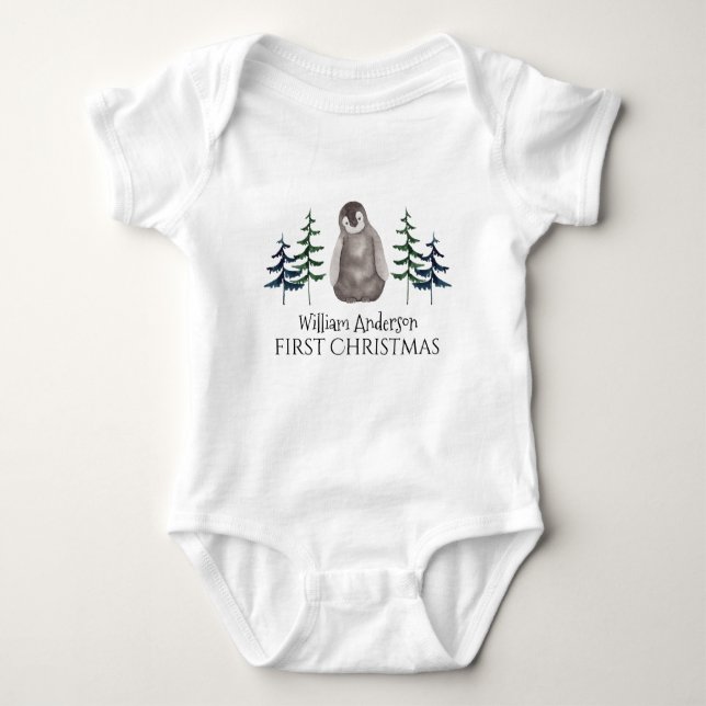 First Christmas Baby Penguin & Tree Personalised   Baby Bodysuit (Front)