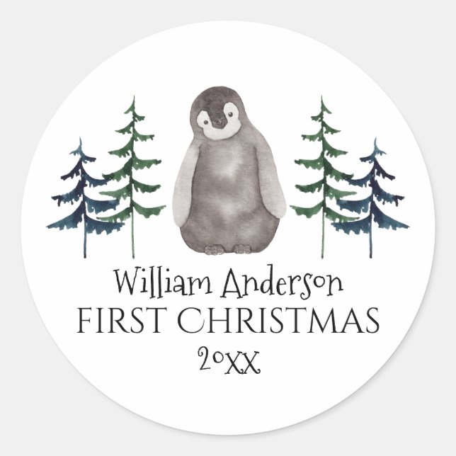 First Christmas Baby Penguin & Tree Personalised  Classic Round Sticker (Front)