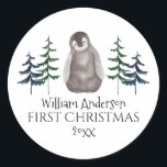 First Christmas Baby Penguin & Tree Personalised  Classic Round Sticker<br><div class="desc">Cute watercolor baby penguin and Christmas tree -first Christmas- customisable name sticker.
Merry Christmas!</div>
