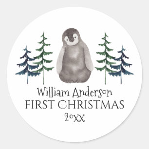 First Christmas Baby Penguin & Tree Personalised  Classic Round Sticker