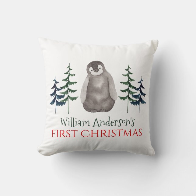 First Christmas Baby Penguin & Tree Personalised  Cushion (Front)