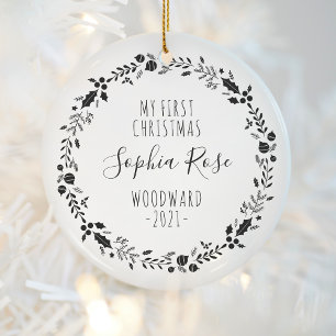 First Christmas Baby Photo Black White Ceramic Tree Decoration