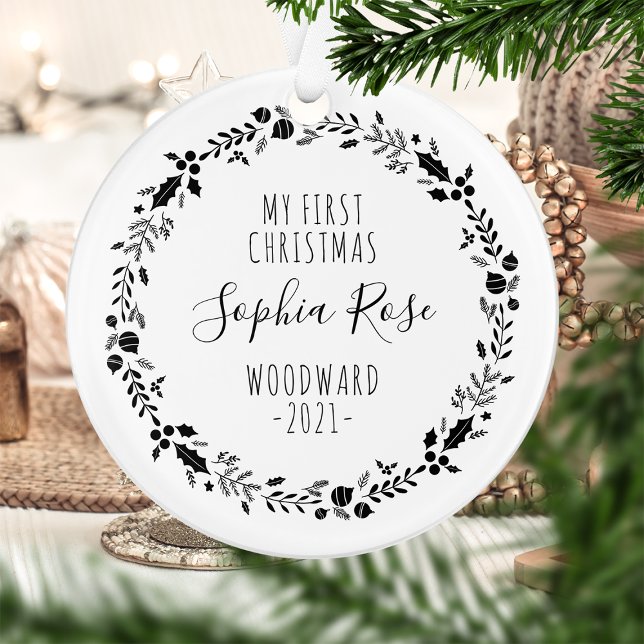 First Christmas Baby Photo Black White Ornament (Creator Uploaded)