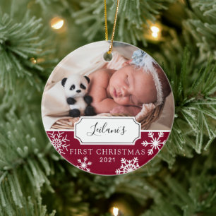 First Christmas Baby Photo Burgundy Ceramic Tree Decoration
