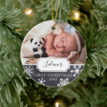 First Christmas Baby Photo Ceramic Tree Decoration<br><div class="desc">My first Christmas with snowflakes on a chalkboard background and photo ornament design can be personalised with the baby's name and birth year. Includes a second photo on the back.</div>