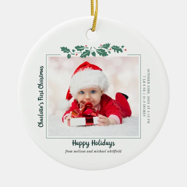 First Christmas Baby Photo Collage Holiday Family Ceramic Tree Decoration (Front)