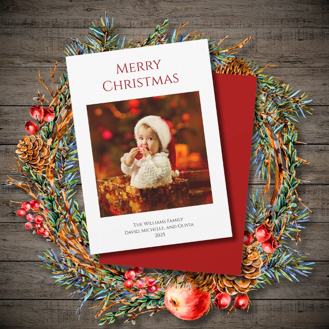 First Christmas Baby Photo Family Simple Red  Holiday Card (Creator Uploaded)