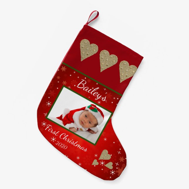 First Christmas Baby Photo Gold Heart Red Small Christmas Stocking (Front (Hanging))