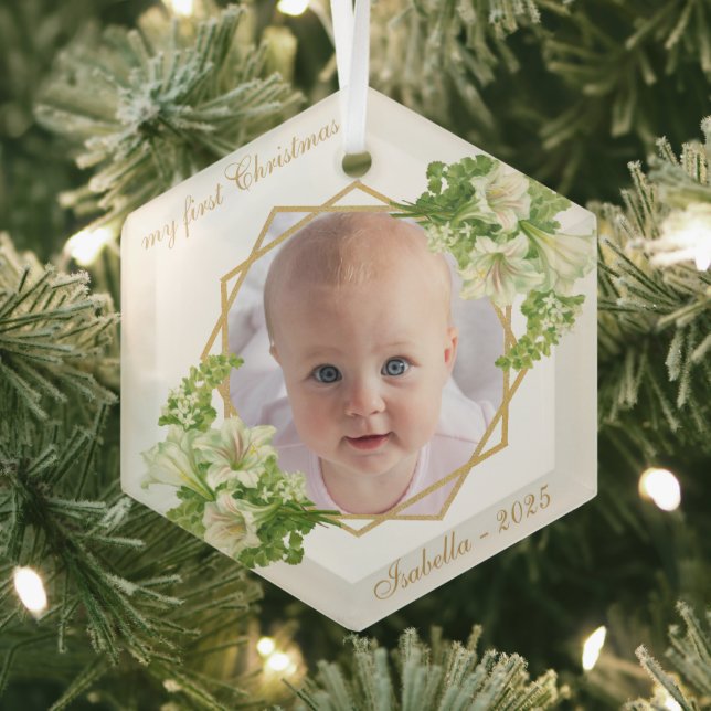 First Christmas Baby Photo Gold White Lilies  Glass Tree Decoration (Insitu)